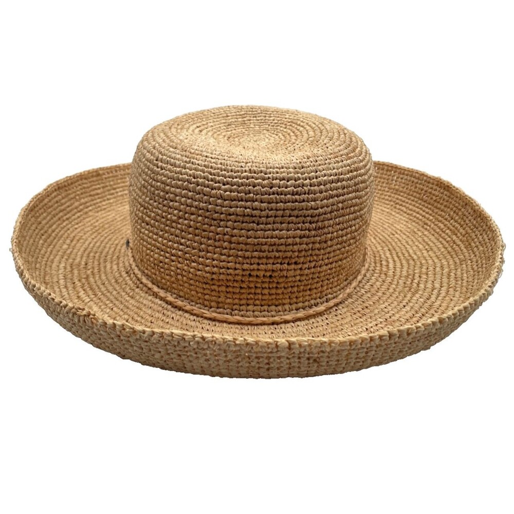 NWT Scala Crocheted Raffia Upbrim Sun Hat Dorfman Pacific OSFM Beach Garden